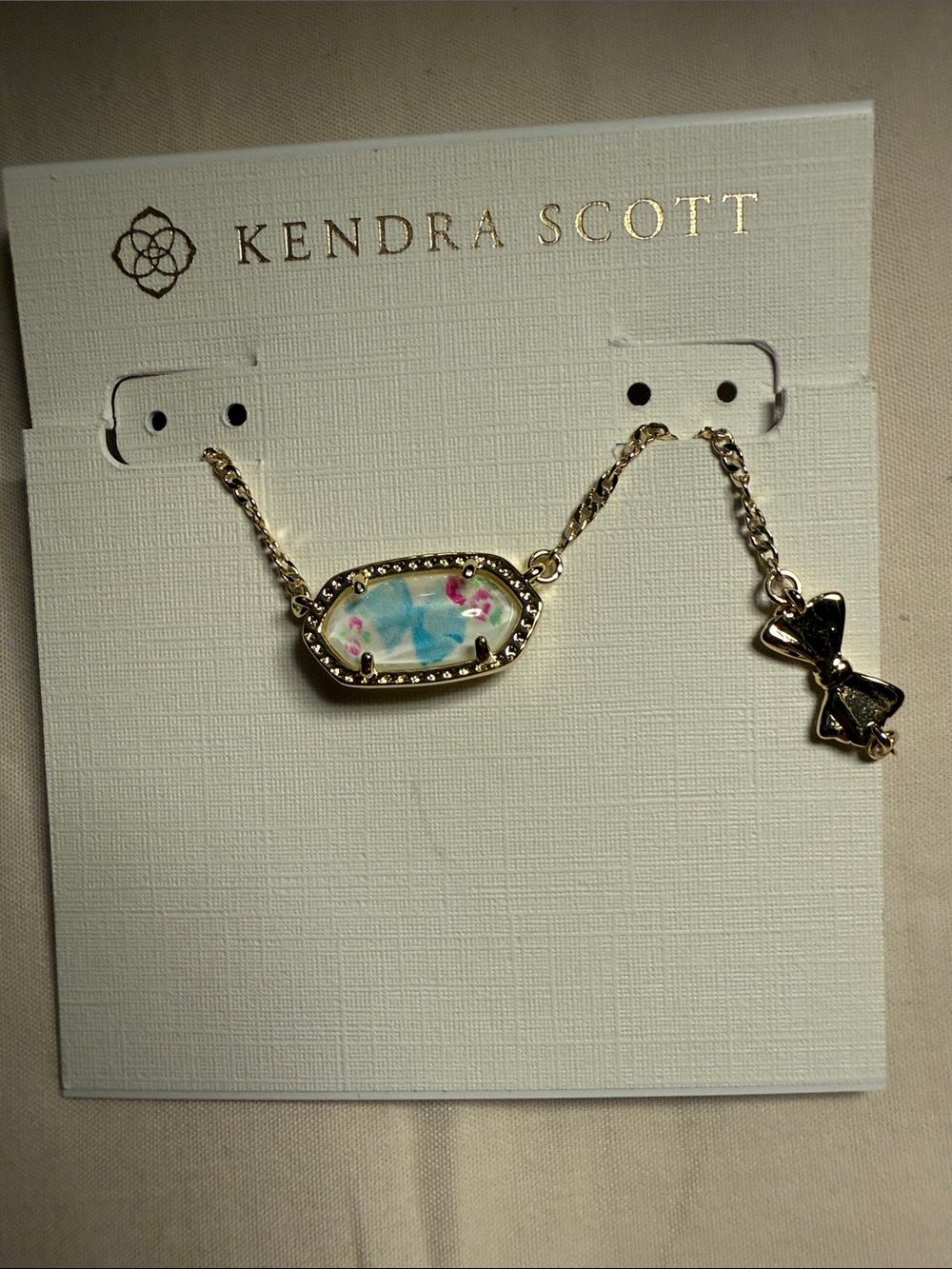 NEW Kendra Scott X Love Shack Fancy Blue Bow Pink Floral Necklace Dual Side Gold - Picture 3 of 6